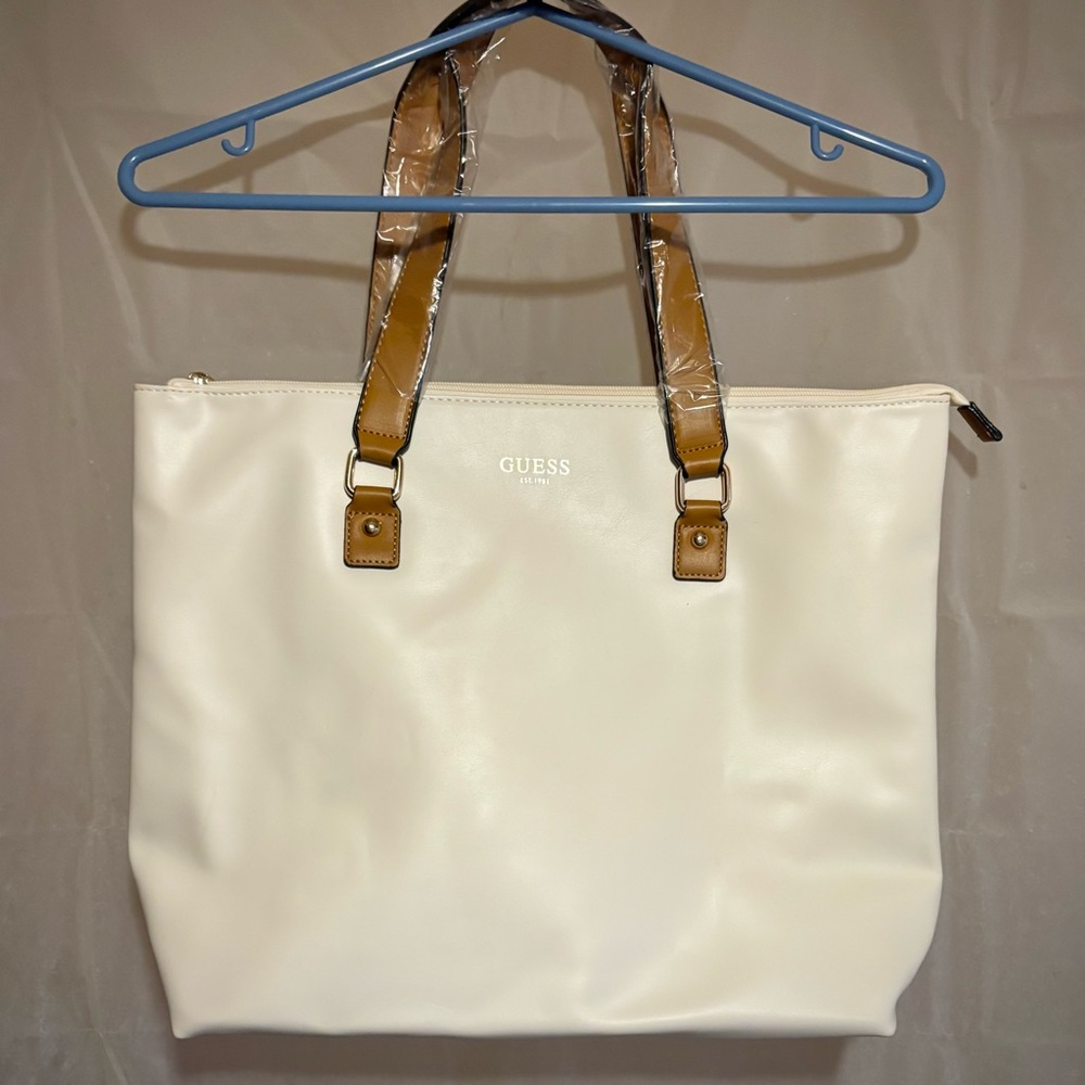 GUESS Faux Leather Cream White Tote Bag with Tan Handles-Never Used